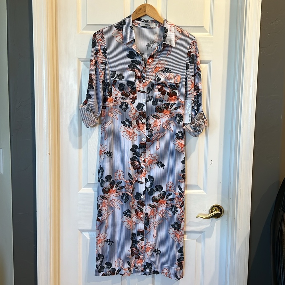 NWT JustFab Striped Floral Button Front Midi Dress